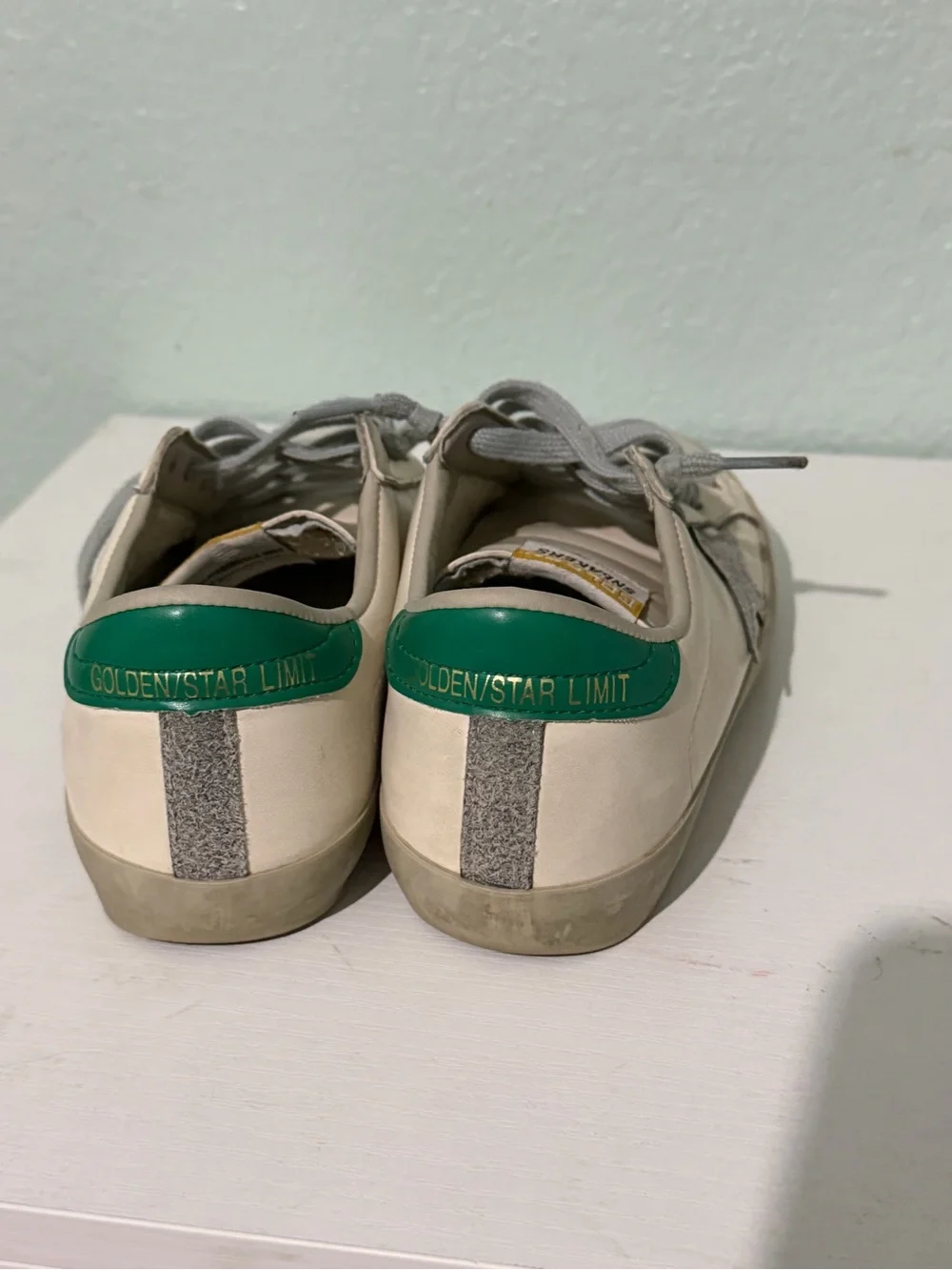 Golden Goose White Leather Sneakers with Green Heel and Gray Star - Picture 3 of 13